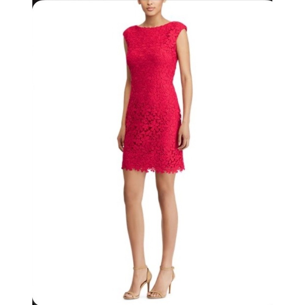 Lauren‎ Ralph Lauren Womens Floral Lace Cap Sleeve Sheath Red Dress Petite 4P